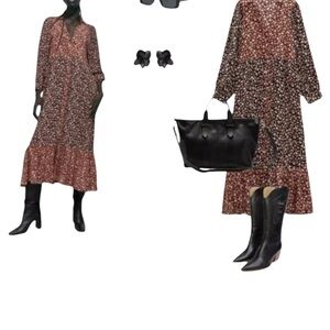 Zara Floral Printed Midi Mixed Pattern Balloon Sleeve Shirt Dress